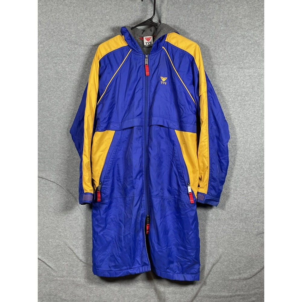 TYR Long Swim Parka Vintage-Style Blue Yellow Hooded Fleece Lined Unisex XXS